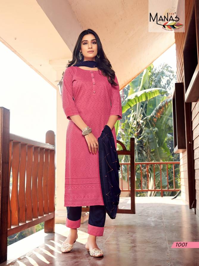 Manas Bombay Schiffli Designer Festive Wear Kurti With Pant And Dupatta Readymade Collection